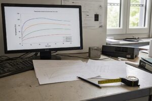 Bildschirm mit Temperaturkurven neben ausgedruckten Diagrammen auf einem Arbeitstisch