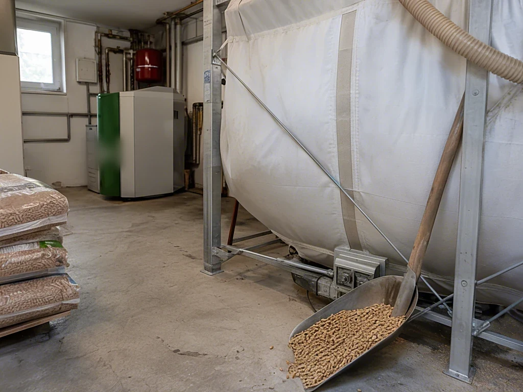 Gewebesilo für Holzpellets im Heizungskeller eines Einfamilienhauses, davor eine Schaufel mit Pellets, im Hintergrund der Pelletkessel